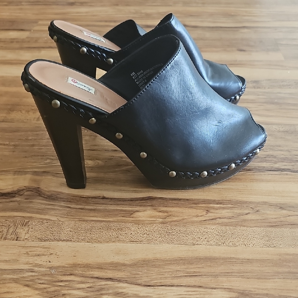 Black Leather Studded Women's Clogs